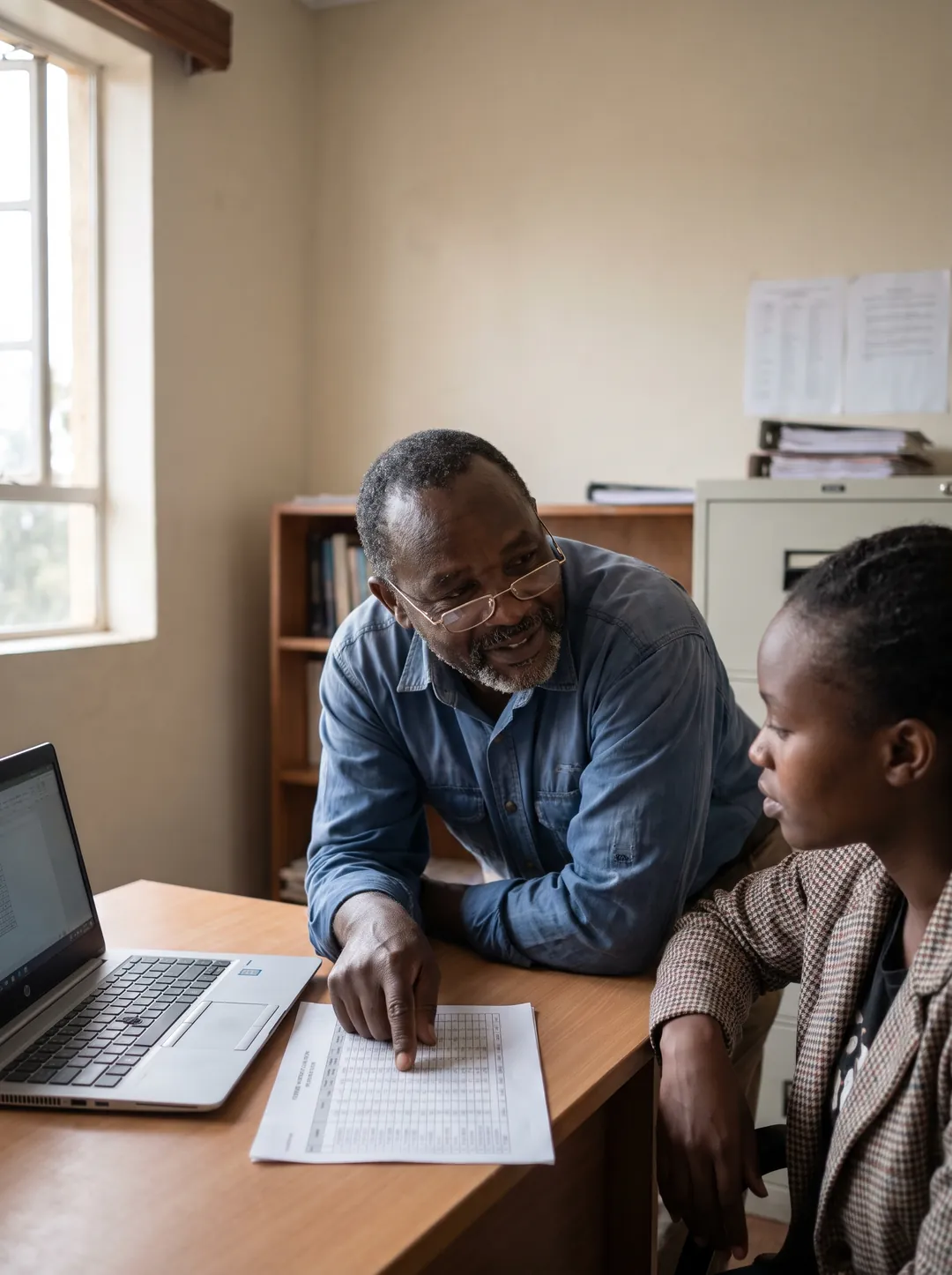 An advisor reviewing a cash-flow sheet with a founder