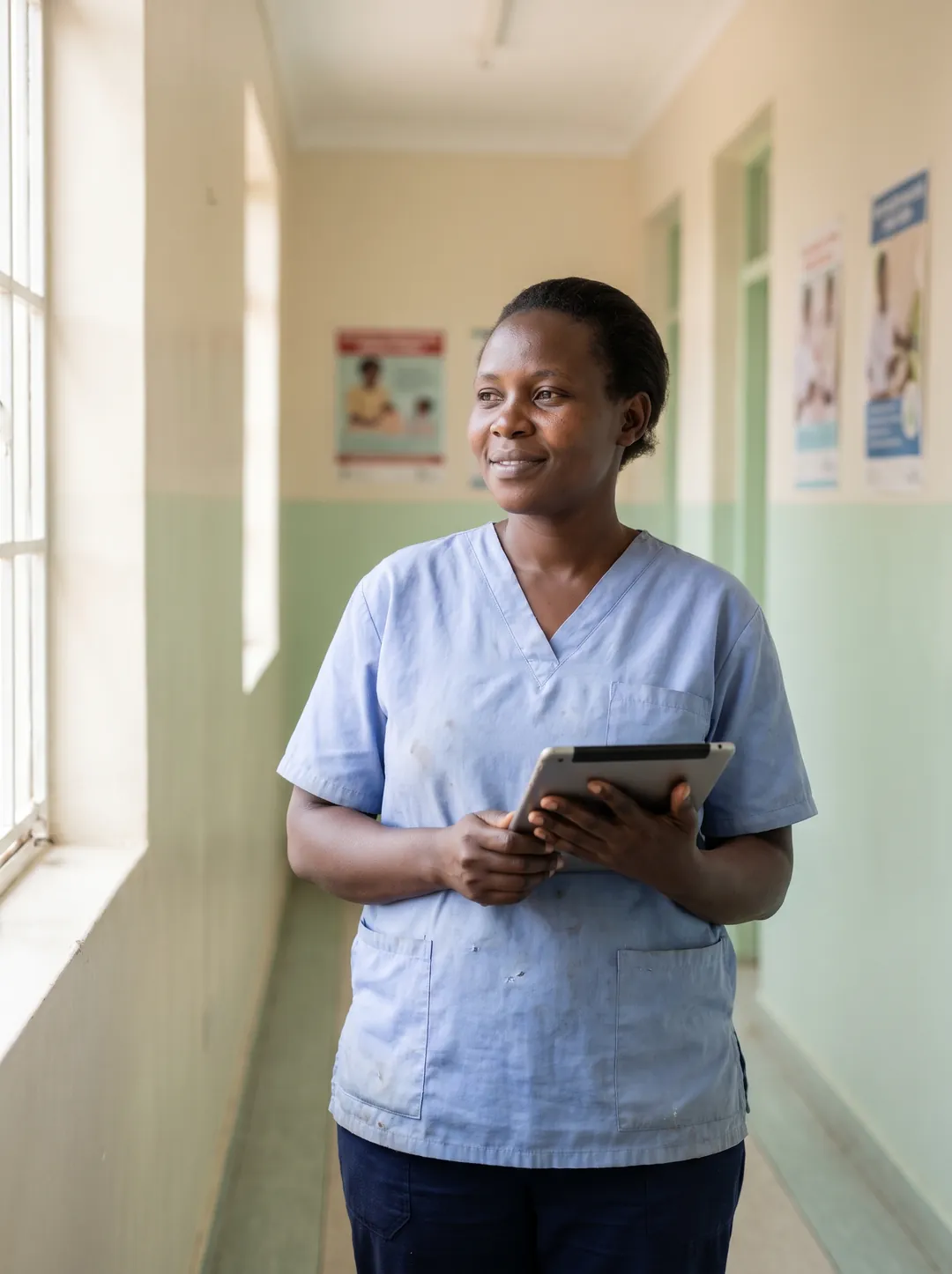 A clinic lead in a blue scrub top holding a tablet