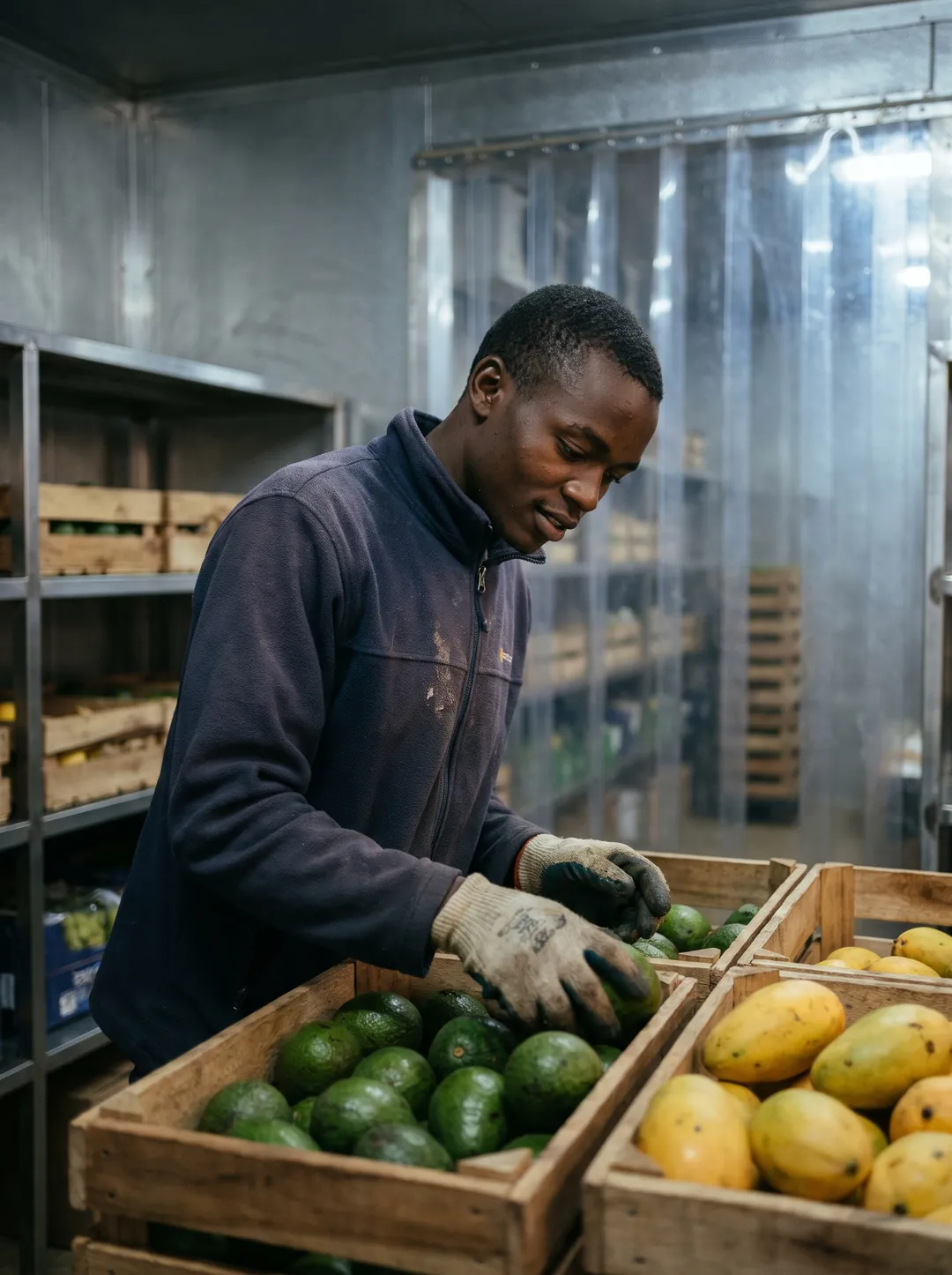 A founder checking crates of mangoes and avocados in a cold room