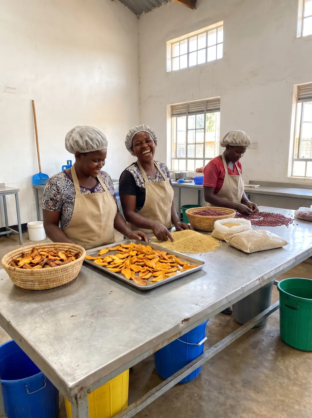 Three women sorting dried fruit at a food-processing table