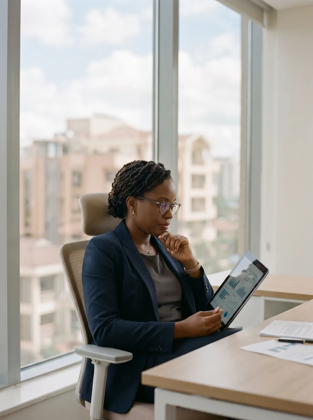 An investor reading a deal pack on a tablet by an office window