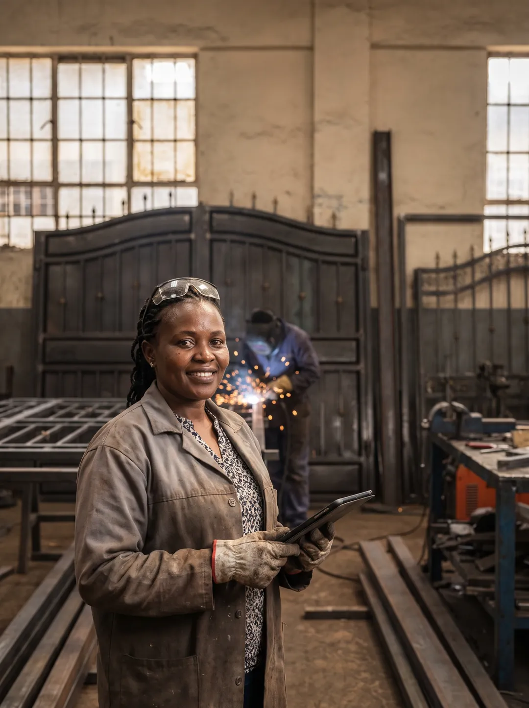 The owner of a steel workshop with a tablet, welder working behind her