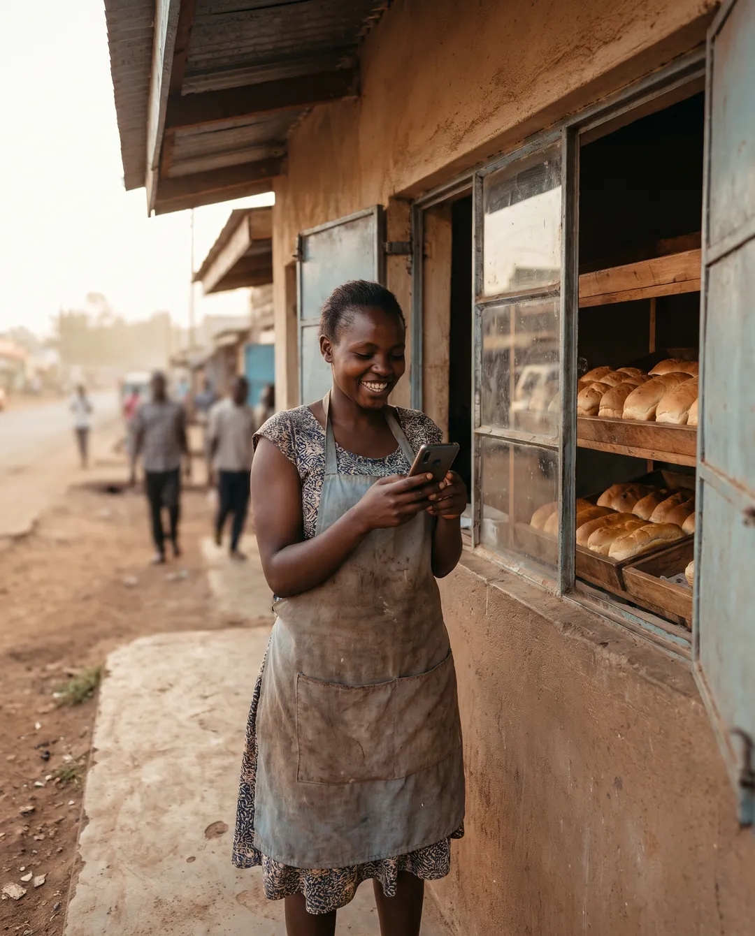 A bakery founder outside her shop smiling at her phone